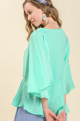 Umgee Full Size Satin Pleated Round Neck Kimono Sleeve Blouse Plus Size OutfitFlow